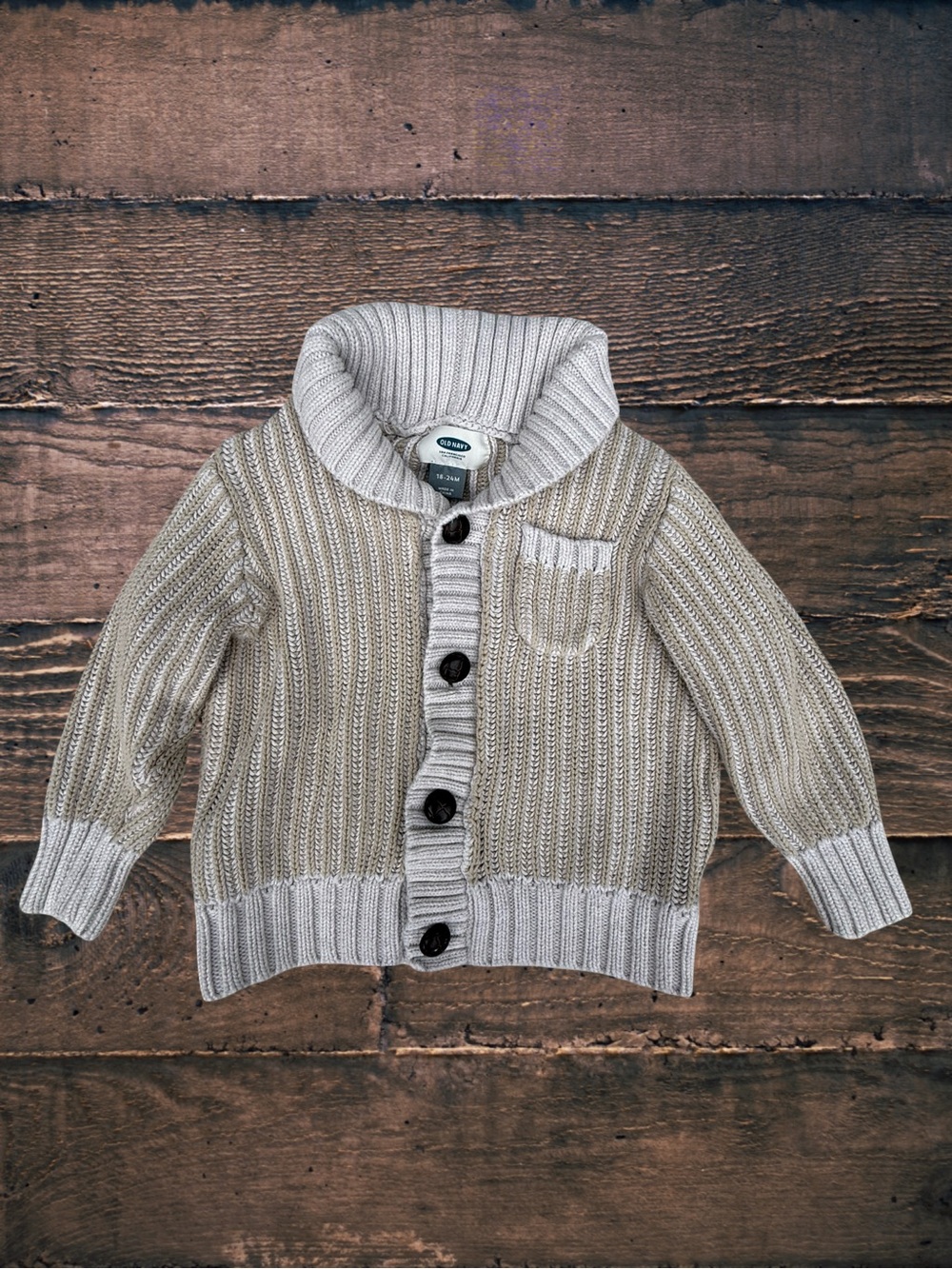 Old Navy Baby Boy 18-24M Shawl Collar Cardigan Sweater Chunky Knit Oatmeal Gray